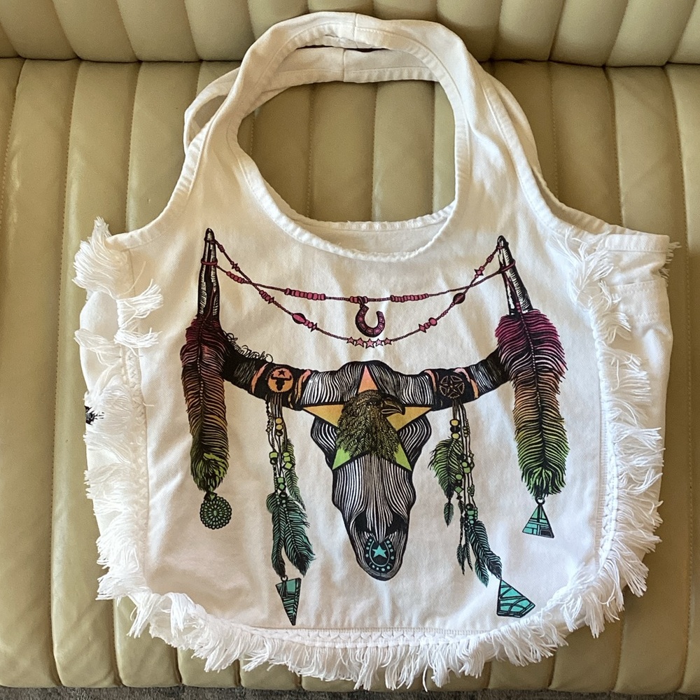 Lauren Moshi White Tote with Colorful Southwest Design